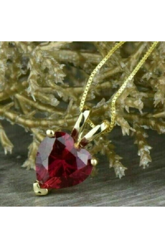 2Ct Lab Created Red Ruby Heart Shape Pendant Necklaces 14K Yellow Gold Plated