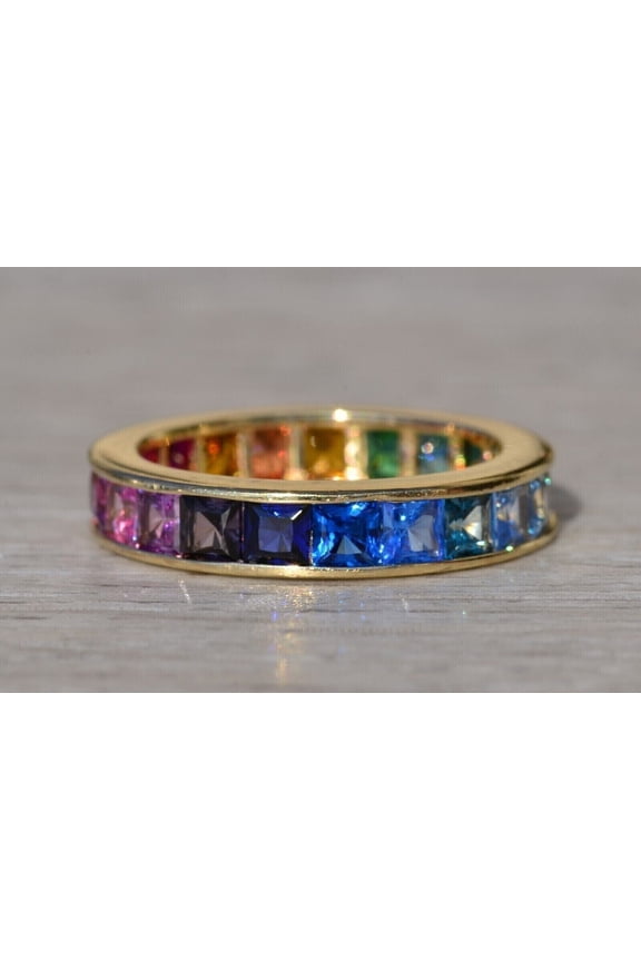 3MM Princess Multi Sapphire Eternity Rainbow Band Unisex Ring 14K Yellow Gold Plated