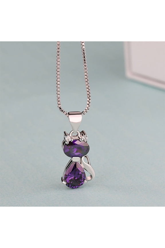 925 Sterling Silver Cat Design Jewelry Pendant Necklace for Women Amethyst