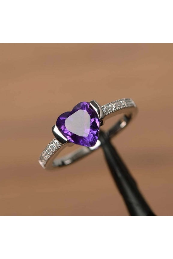 925 Sterling Silver Heart Shape Amethyst Solitaire Ring for Women's 14K White Gold Finish