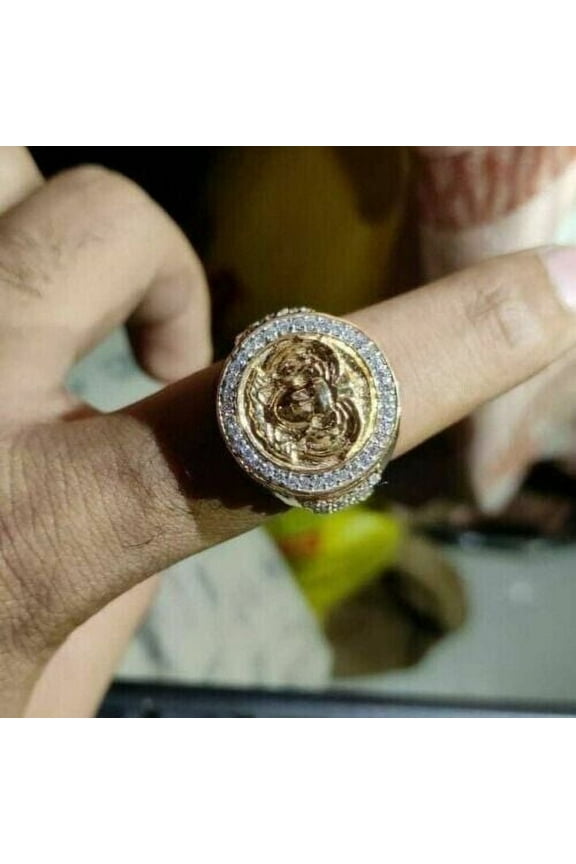 925 Sterling Silver Round Cut Diamond Medusa Face Men's Ring 14K Yellow Gold Plated