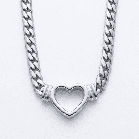 Gaspara Heart Pendant Necklace for Women, 925 Sterling Silver 17" Cuban Link Chain, 14K White Gold Finish, Tarnish Free Jewelry