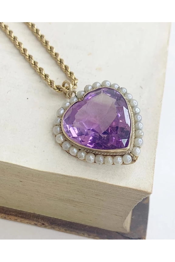 Heart Cut Lab Created Purple Amethyst & Pearl Women's Pendant 14K Yellow Gold Plated