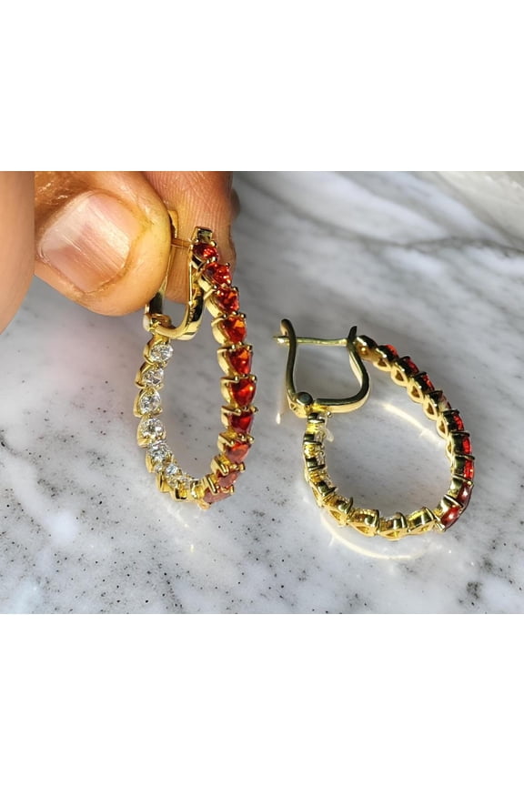Red Garnet Hoop Earrings, 4K Yellow Gold Finish, 925 Sterling