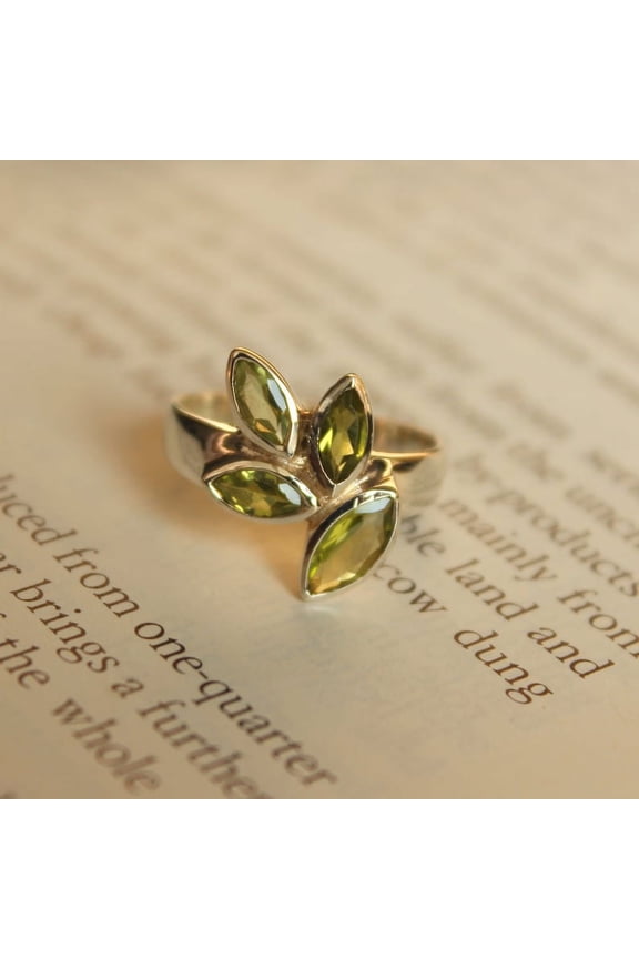 Marquise Cut Leaf Peridot Ring For Women 925 Sterling Silver Ring