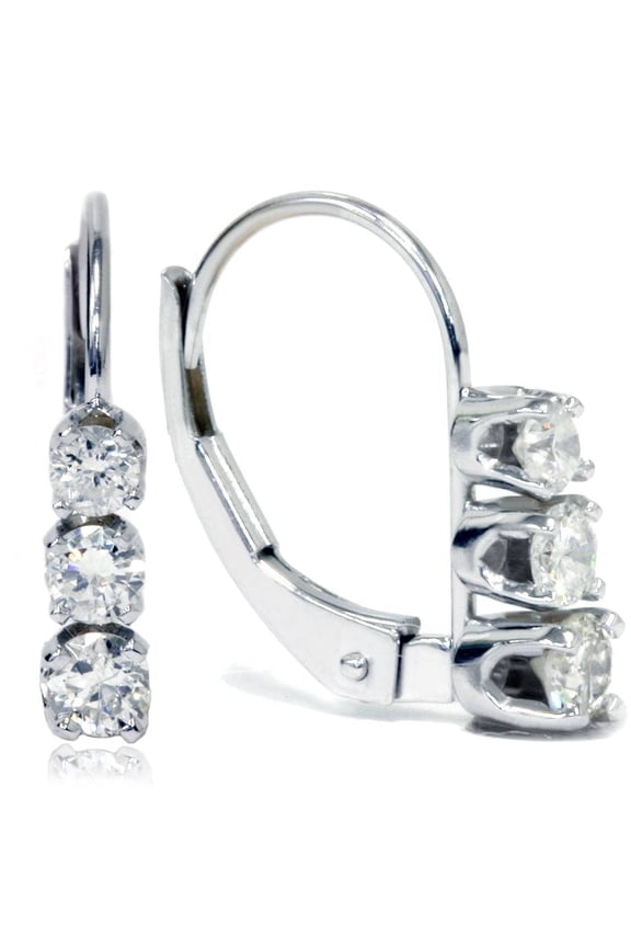 Moissanite Sterling Silver Hoop Lever Back Women's Trilogy Earrings 14K White Gold Finish