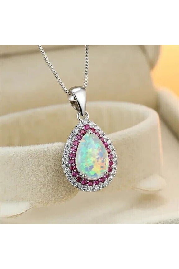 Opal & Ruby Women's Teardrop Pendant Chain 14K White Gold Plated