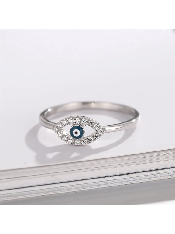 Evil Eye Halo Ring for Women, Blue Evil Eye with Cubic Zirconia Halo, 925 Sterling Silver, Protection-Inspired Fashion Jewelry
