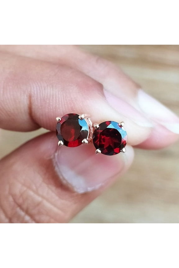 Round Cut Red Garnet Stud Earrings for Women 925 Sterling Silver