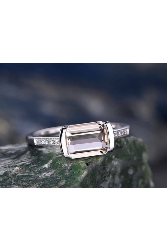 Sterling Silver Emerald Cut Morganite in Bezel Setting Promise Ring for Women's & Girls
