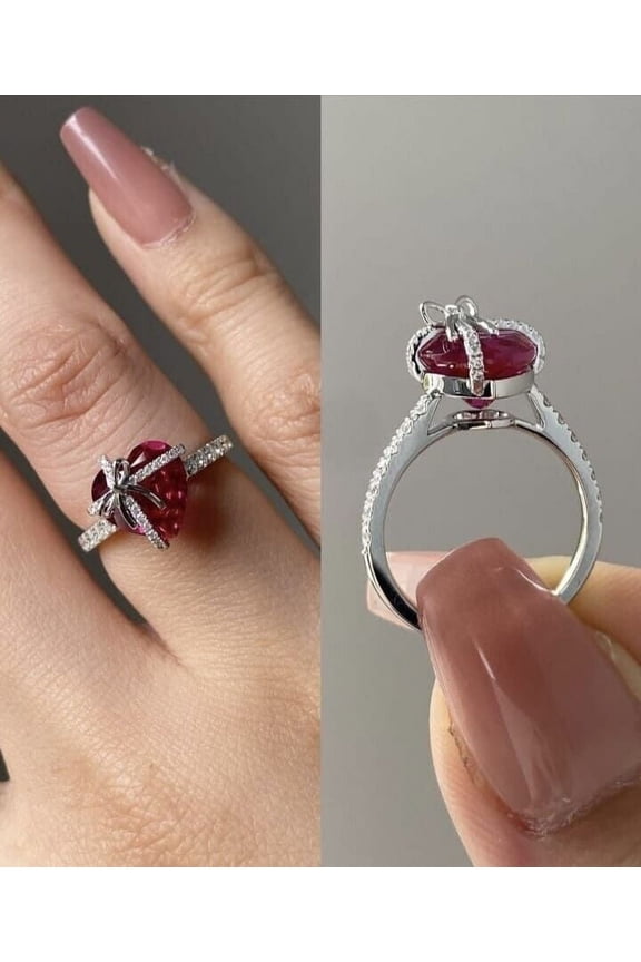 Valentine's Day Women's Propose Ring 14K White Gold Plated Heart Shape Ruby & Moissanite