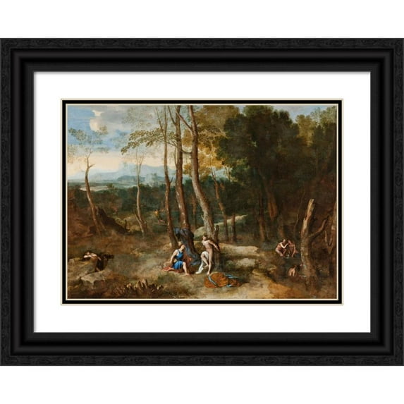 Gaspard Dughet 24x18 Black Ornate Framed Double Matted Museum Art Print Titled: Aminta About to Rescue Silvia (circa 1633)