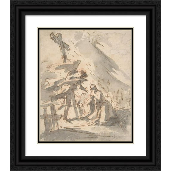 Gaspare Diziani 12x14 Black Ornate Wood Framed Double Matted Museum Art Print Titled: Christ in the Garden of Gethsemane (18th Century)