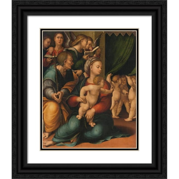 Gaspare Sacchi 12x14 Black Ornate Wood Framed Double Matted Museum Art Print Titled: Madonna and Child with Joseph and Angels
