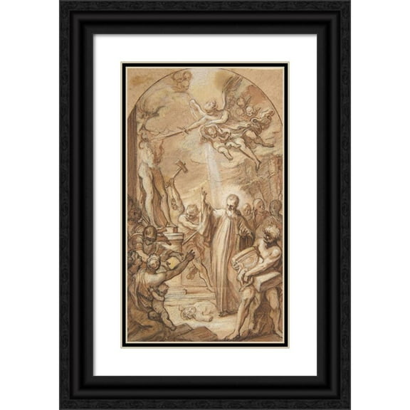 Gaspare Serenario 10x14 Black Ornate Wood Framed Double Matted Museum Art Print Titled: Saint Benedict Orders the Destruction of Idols at Montecassino (1694-1759)