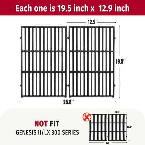 Gaspro 2 Pack 19.5" Grill Grates Replacement for Weber Genesis 300 Series 3 Burner Gas Grills, Cast Iron Cooking Grates for Genesis E-310, E-320, E-330, Replacement for Weber Parts 7524 & 7528