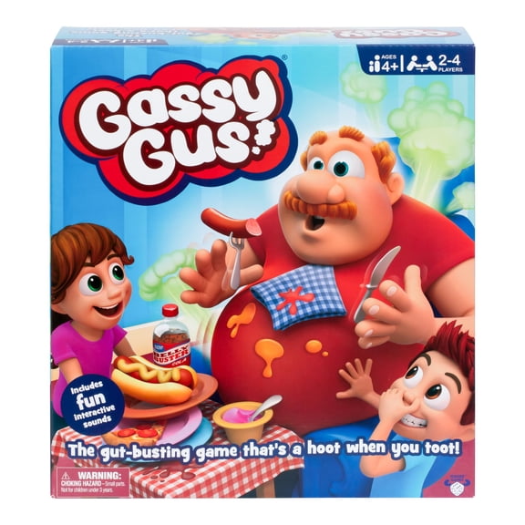 Gassy Gus, The interactive MMF7&nbsp;gut-busting game that's a you toot! Feed Gus gassy foods, but watch out for the big blast of gas! Packed with hilarious sounds, it's Ideal for 2-4 players ages 4+