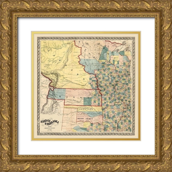 Gaston 12x12 Gold Ornate Wood Framed with Double Matting Museum Art Print Titled - Kansas Nebraska - Gaston 1856