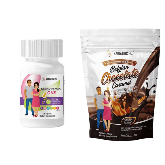 Gastric Band Complete Vitamin Pack - Capsules Size: 1-Month Supply, BariatricPal Multivitamin ONE: Capsule - Iron Free, BariatricPal Calcium Citrate Soft Chews: Belgian Chocolate Caramel