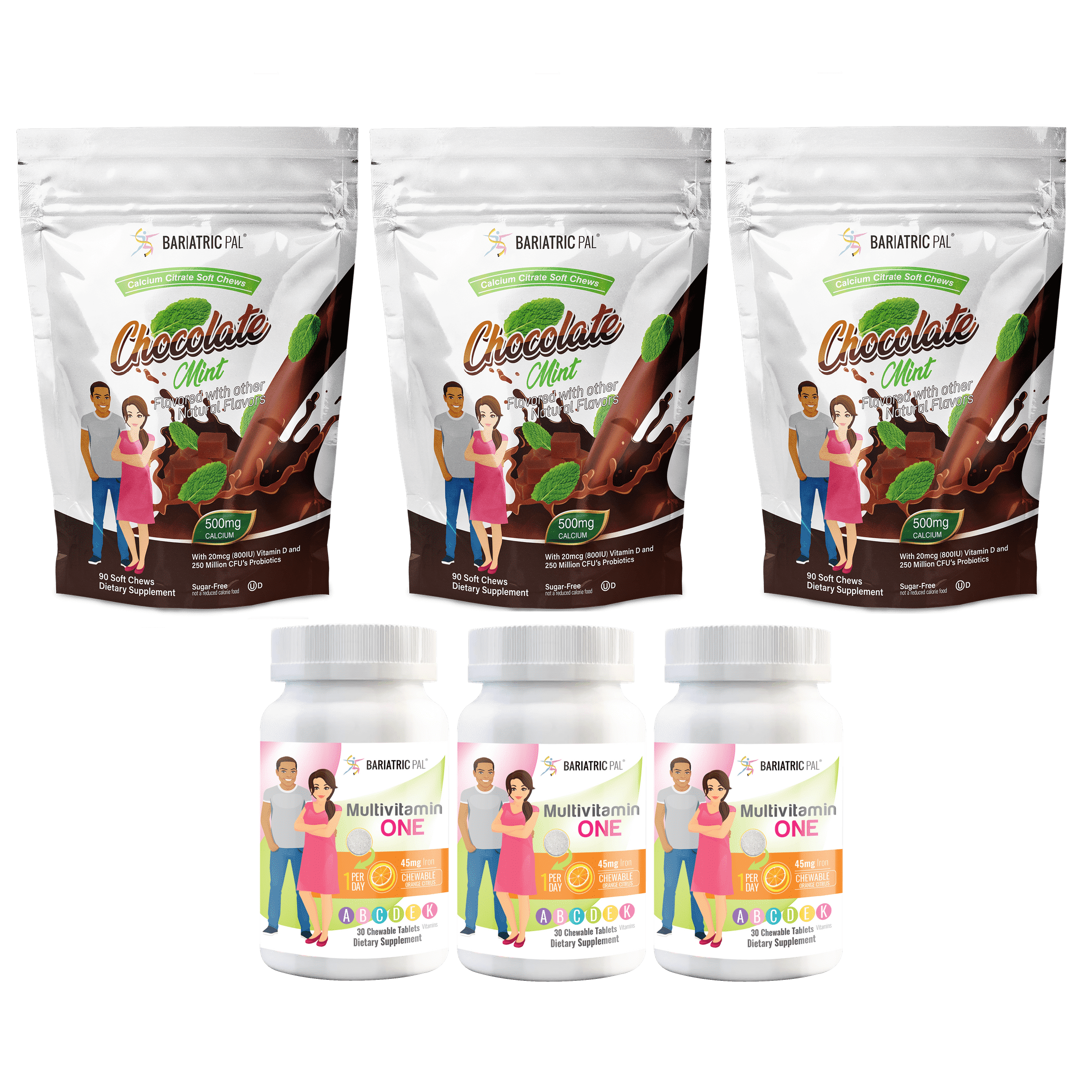 Gastric Band Complete Vitamin Pack - Chewables Size: 3-Month Supply, BariatricPal Multivitamin ONE: Orange Citrus Chewable with 45mg Iron, BariatricPal Calcium Citrate Soft Chews: Chocolate Mint