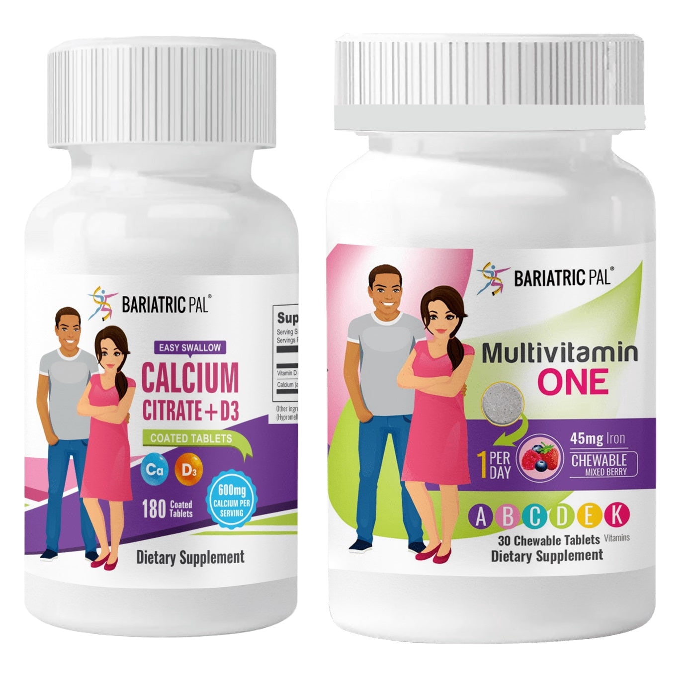 Gastric Band Complete Vitamin Pack - Tablets BariatricPal Multivitamin ONE & BariatricPal Easy Swallow Calcium Citrate and D3 Coated Tablets: Mixed Berry Chewable with 45mg Iron, Size: 30-Day Supply