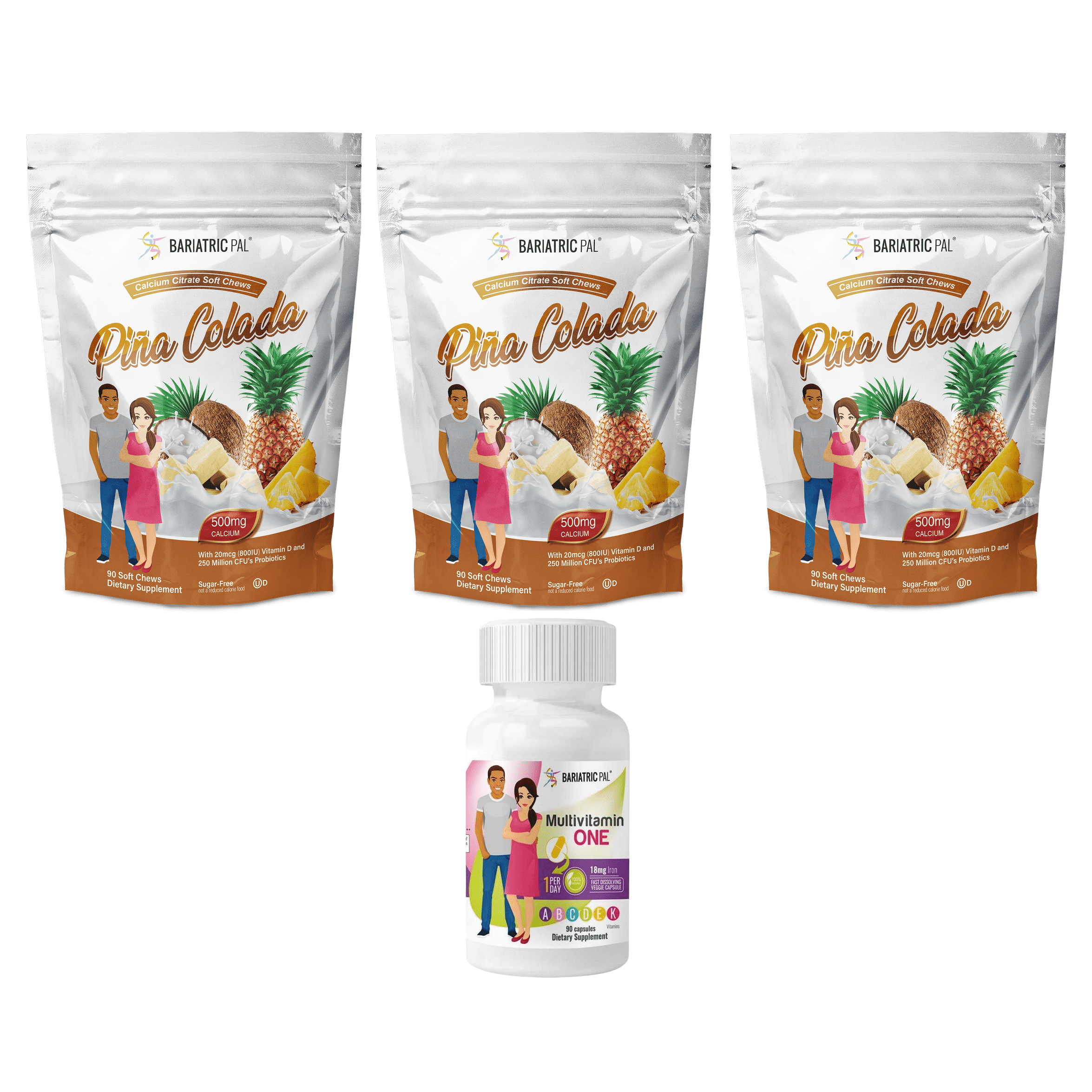 Gastric Bypass Complete Vitamin Pack - Capsules Size: 3-Month Supply, BariatricPal Multivitamin ONE: Capsule with 18mg Iron, BariatricPal Calcium Citrate Soft Chews: Piña Colada