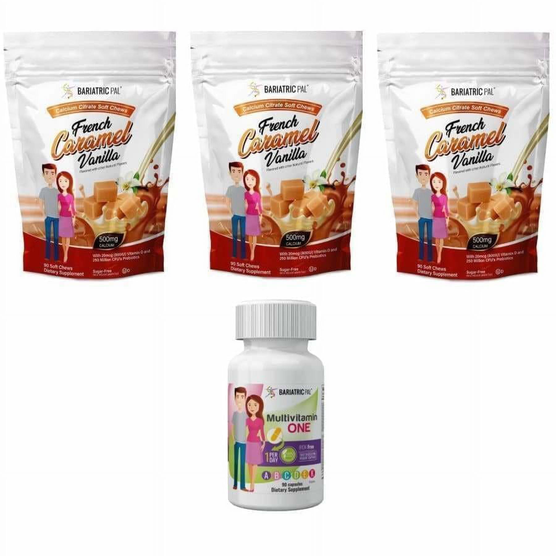 Gastric Bypass Complete Vitamin Pack - Capsules Size: 3-Month Supply, BariatricPal Multivitamin ONE: Capsule - Iron Free, BariatricPal Calcium Citrate Soft Chews: French Vanilla Caramel