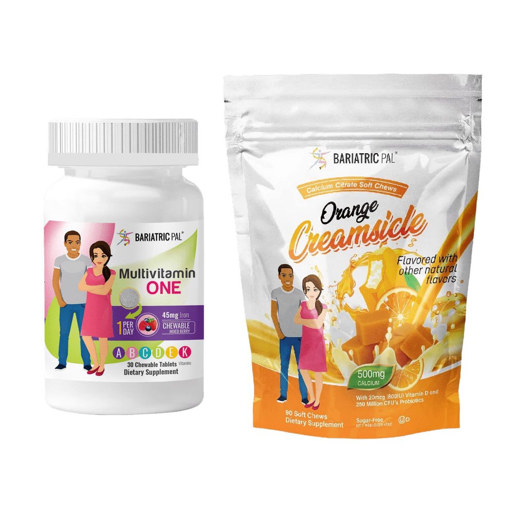 Gastric Bypass Complete Vitamin Pack - Chewables Size: 1-Month Supply, BariatricPal Multivitamin ONE: Mixed Berry Chewable with 45mg Iron, BariatricPal Calcium Citrate Soft Chews: Orange Creamsicle