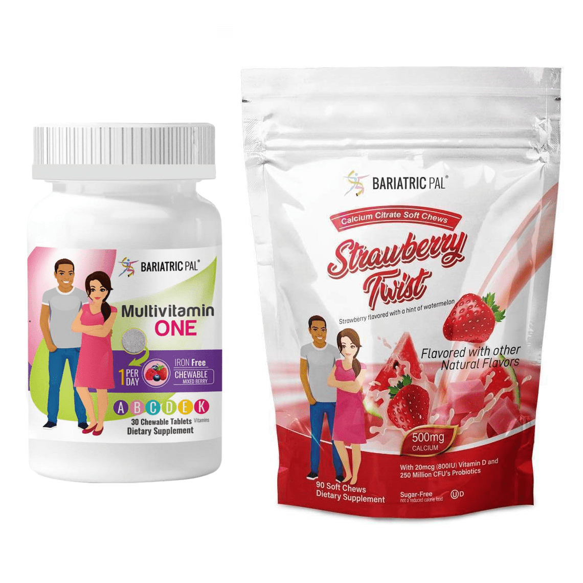 Gastric Bypass Complete Vitamin Pack - Chewables Size: 1-Month Supply, BariatricPal Multivitamin ONE: Mixed Berry Iron Free Chewable, BariatricPal Calcium Citrate Soft Chews: Strawberry Twist