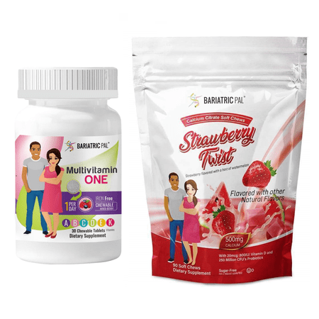 Gastric Bypass Complete Vitamin Pack - Chewables Size: 1-Month Supply, BariatricPal Multivitamin ONE: Mixed Berry Iron Free Chewable, BariatricPal Calcium Citrate Soft Chews: Strawberry Twist