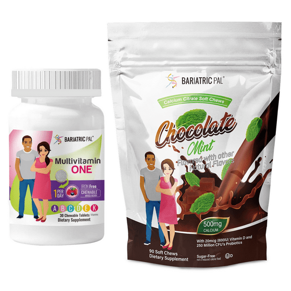 Gastric Bypass Complete Vitamin Pack - Chewables Size: 1-Month Supply, BariatricPal Multivitamin ONE: Mixed Berry Iron Free Chewable, BariatricPal Calcium Citrate Soft Chews: Chocolate Mint