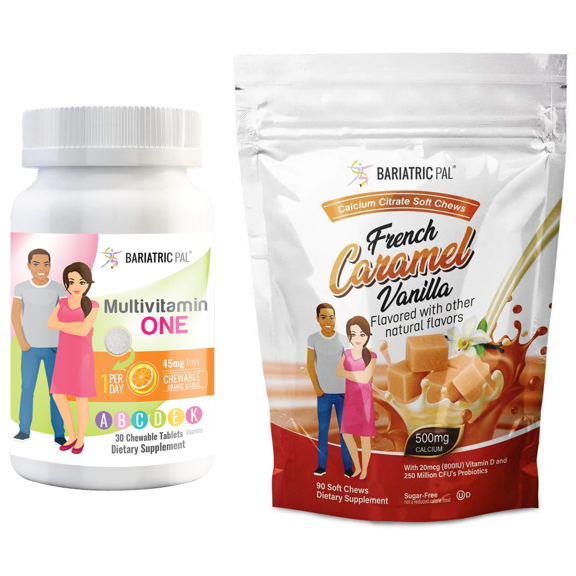 Gastric Bypass Complete Vitamin Pack - Chewables Size: 1-Month Supply, BariatricPal Multivitamin ONE: Orange Citrus Chewable with 45mg Iron, BariatricPal Calcium Citrate Chews: French Vanilla Caramel