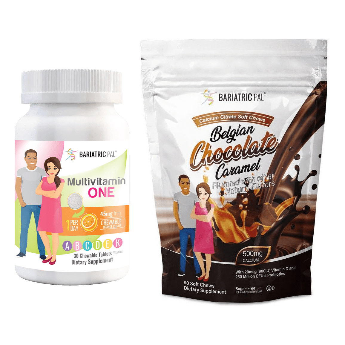 Gastric Bypass Complete Vitamin Pack - Chewables Size: 1-Month Supply, BariatricPal Multivitamin ONE: Orange Citrus Chewable with 45mg Iron, Calcium Citrate Chews: Belgian Chocolate Caramel