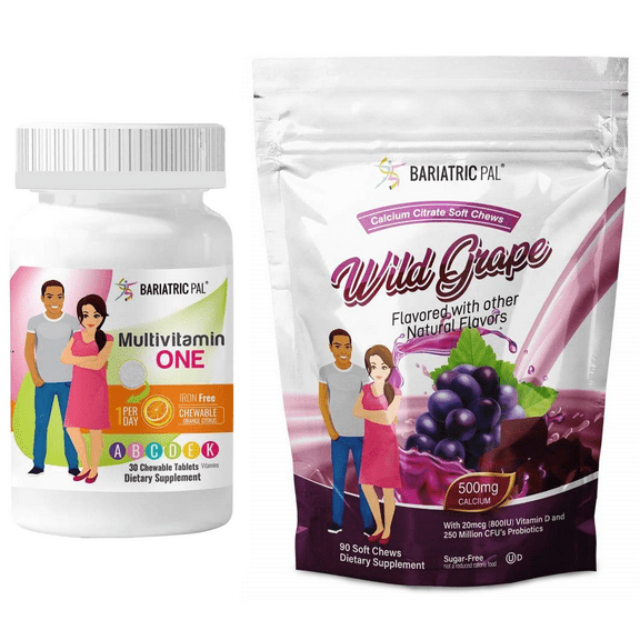 Gastric Bypass Complete Vitamin Pack - Chewables Size: 1-Month Supply, BariatricPal Multivitamin ONE: Orange Citrus Chewable - Iron Free, BariatricPal Calcium Citrate Soft Chews: Wild Grape
