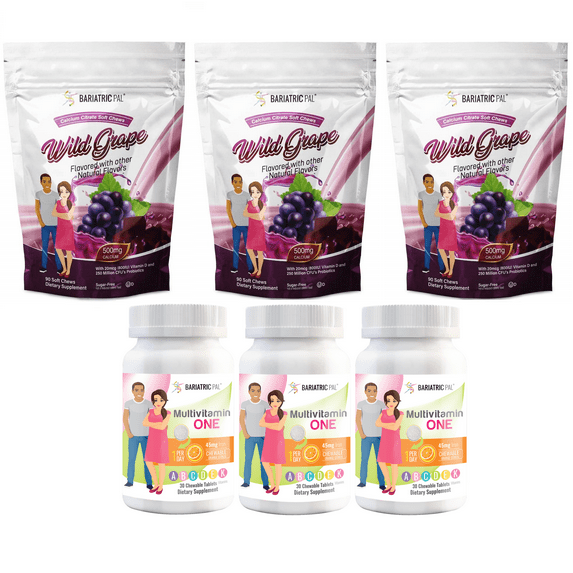 Gastric Bypass Complete Vitamin Pack - Chewables Size: 3-Month Supply, BariatricPal Multivitamin ONE: Orange Citrus Chewable with 45mg Iron, BariatricPal Calcium Citrate Soft Chews: Wild Grape