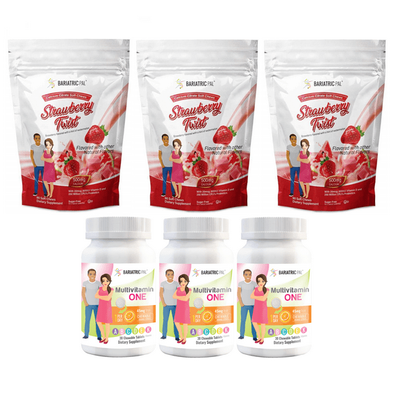 Gastric Bypass Complete Vitamin Pack - Chewables Size: 3-Month Supply, BariatricPal Multivitamin ONE: Orange Citrus Chewable with 45mg Iron, BariatricPal Calcium Citrate Soft Chews: Strawberry Twist