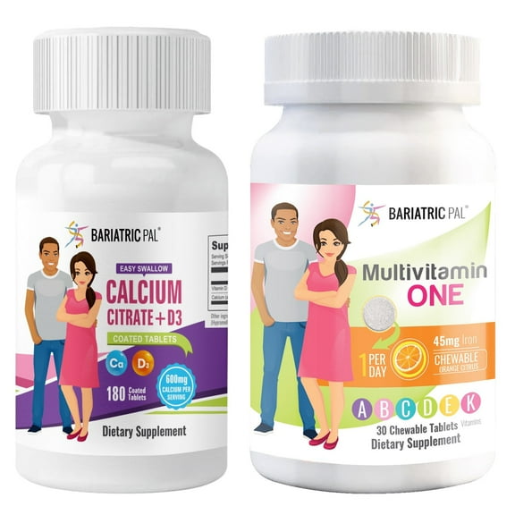 Gastric Bypass Complete Vitamin Pack - Tablets BariatricPal Multivitamin ONE & BariatricPal Easy Swallow Calcium Citrate & D3 Coated Tablets: Orange Citrus Chewable with 45mg Iron, Size: 30-Day Supply