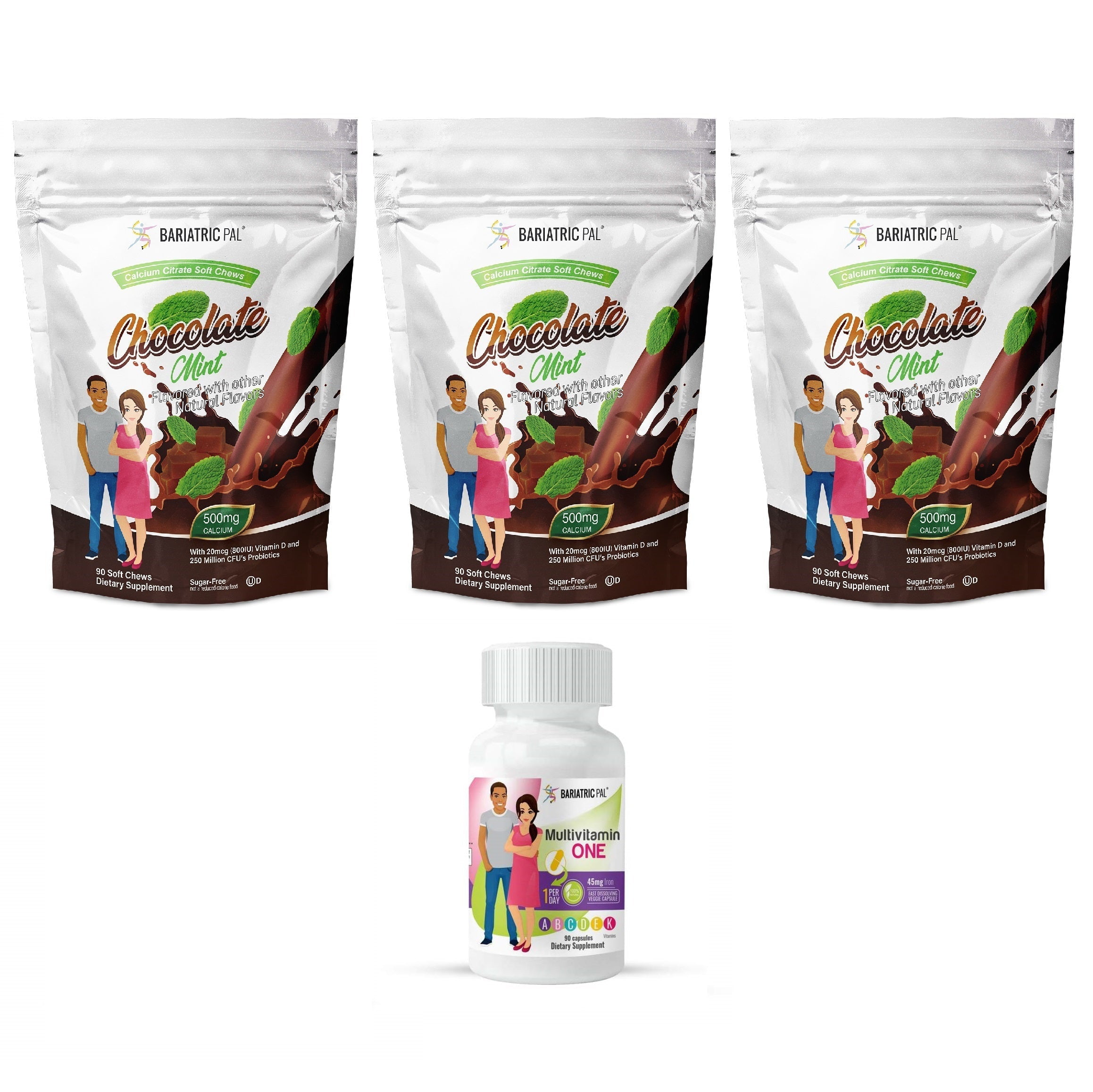 Gastric Sleeve Complete Vitamin Pack - Capsules Size: 3-Month Supply, BariatricPal Multivitamin ONE: Capsule with 45mg Iron, BariatricPal Calcium Citrate Soft Chews: Chocolate Mint