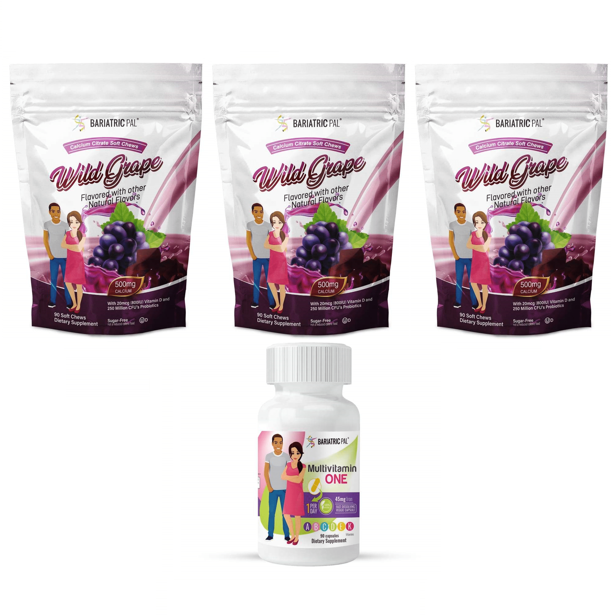Gastric Sleeve Complete Vitamin Pack - Capsules Size: 3-Month Supply, BariatricPal Multivitamin ONE: Capsule with 45mg Iron, BariatricPal Calcium Citrate Soft Chews: Wild Grape