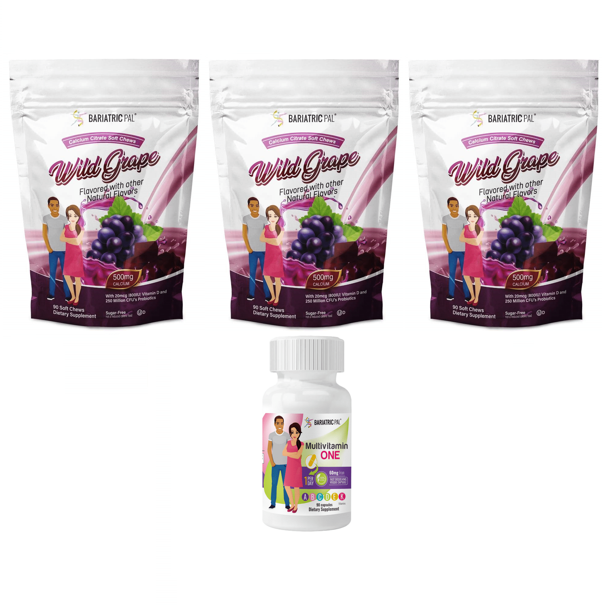 Gastric Sleeve Complete Vitamin Pack - Capsules Size: 3-Month Supply, BariatricPal Multivitamin ONE: Capsule with 60mg Iron, BariatricPal Calcium Citrate Soft Chews: Wild Grape