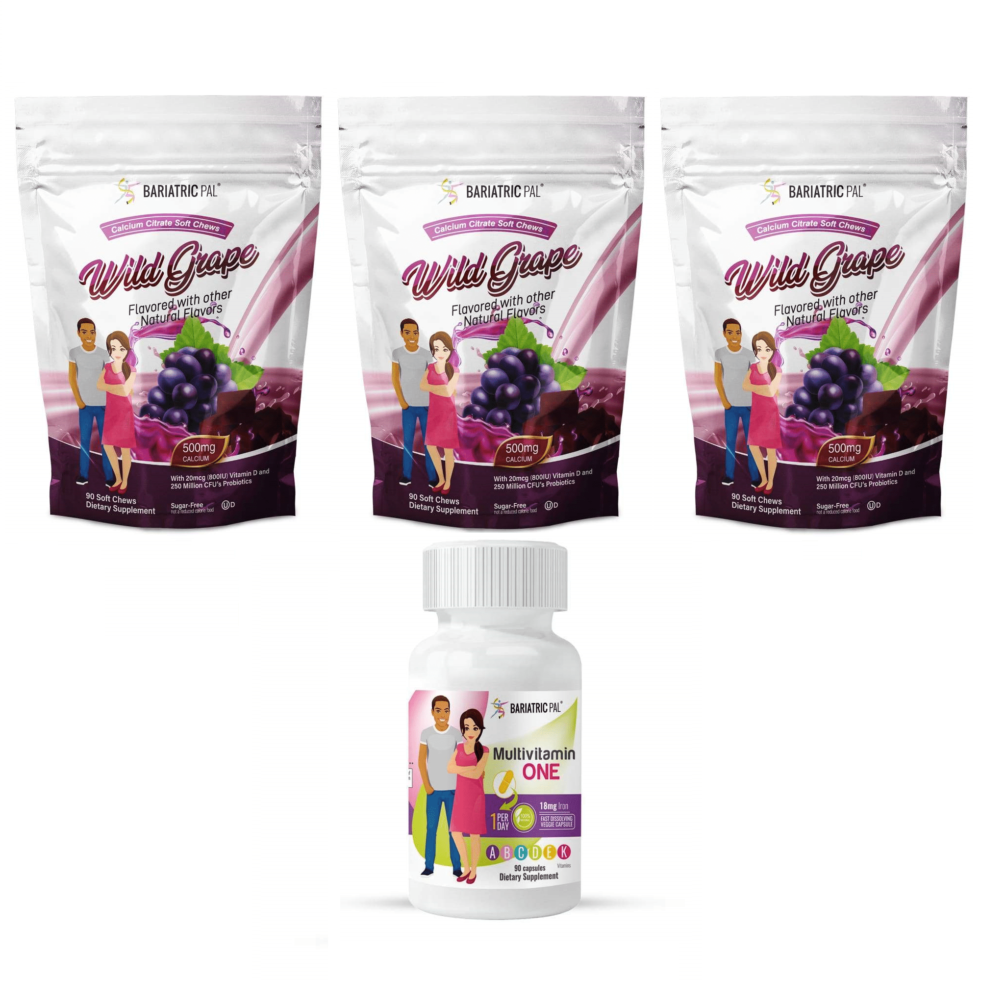 Gastric Sleeve Complete Vitamin Pack - Capsules Size: 3-Month Supply, BariatricPal Multivitamin ONE: Capsule - Iron Free, BariatricPal Calcium Citrate Soft Chews: Wild Grape