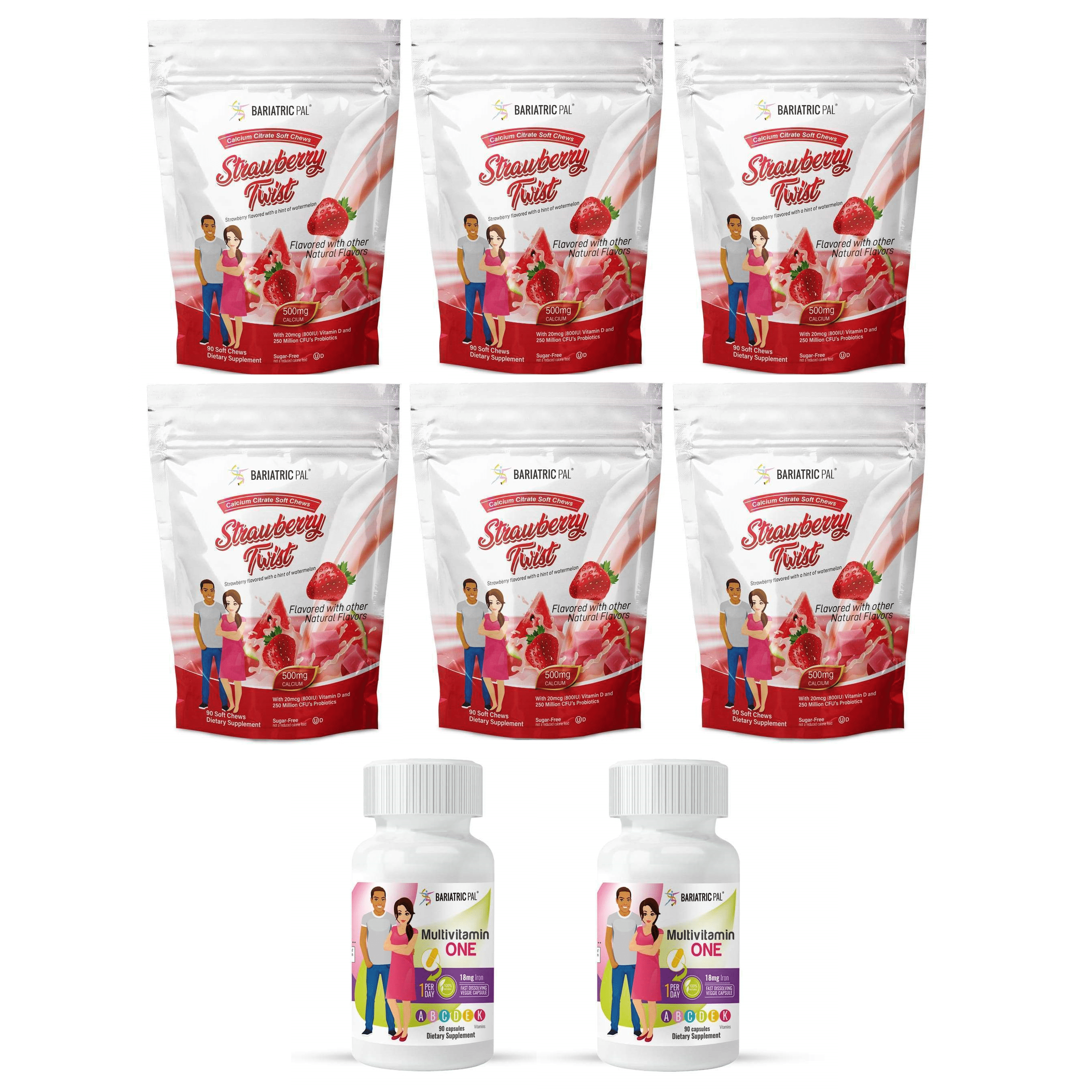 Gastric Sleeve Complete Vitamin Pack - Capsules Size: 6-Month Supply, BariatricPal Multivitamin ONE: Capsule with 18mg Iron, BariatricPal Calcium Citrate Soft Chews: Strawberry Twist