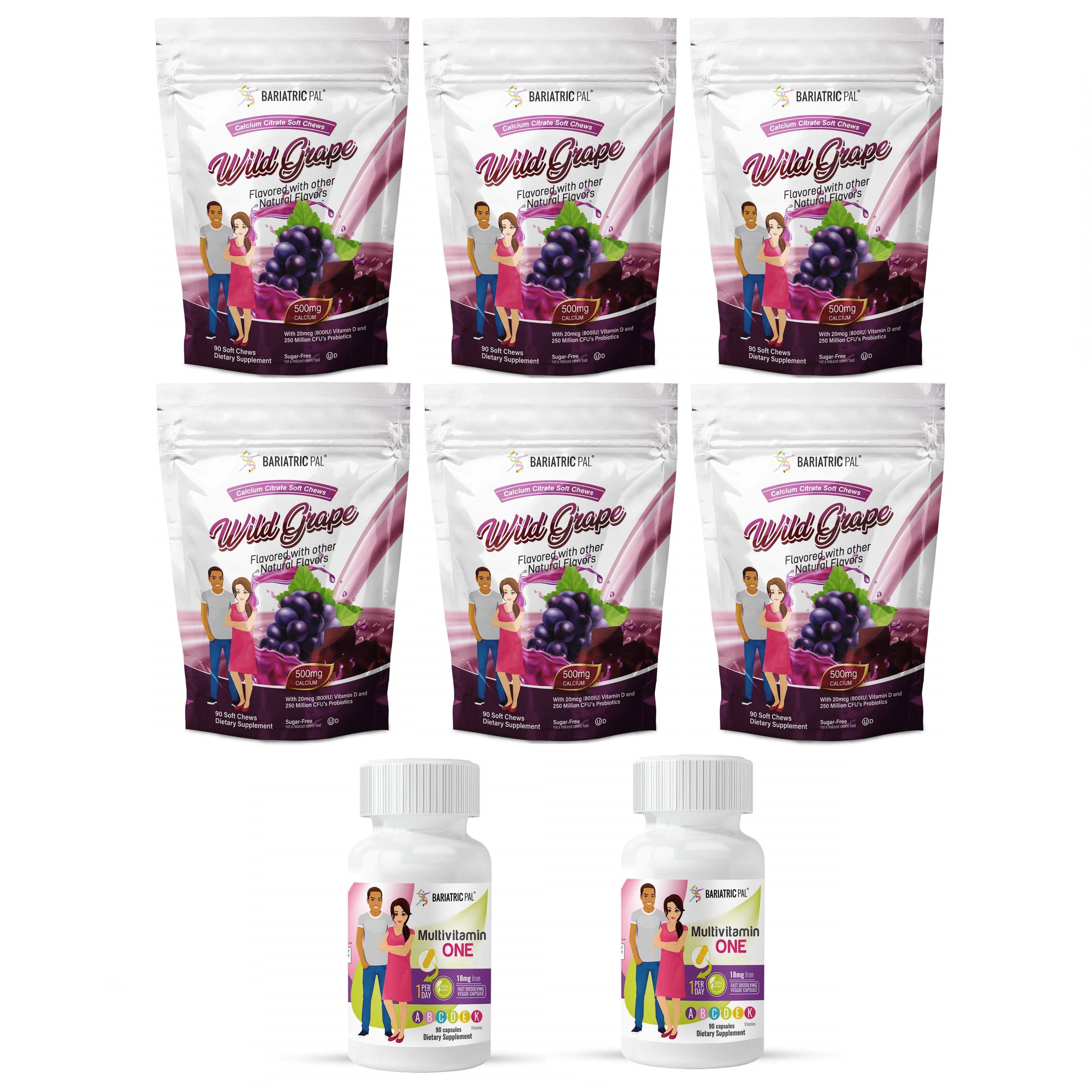 Gastric Sleeve Complete Vitamin Pack - Capsules Size: 6-Month Supply, BariatricPal Multivitamin ONE: Capsule with 18mg Iron, BariatricPal Calcium Citrate Soft Chews: Wild Grape
