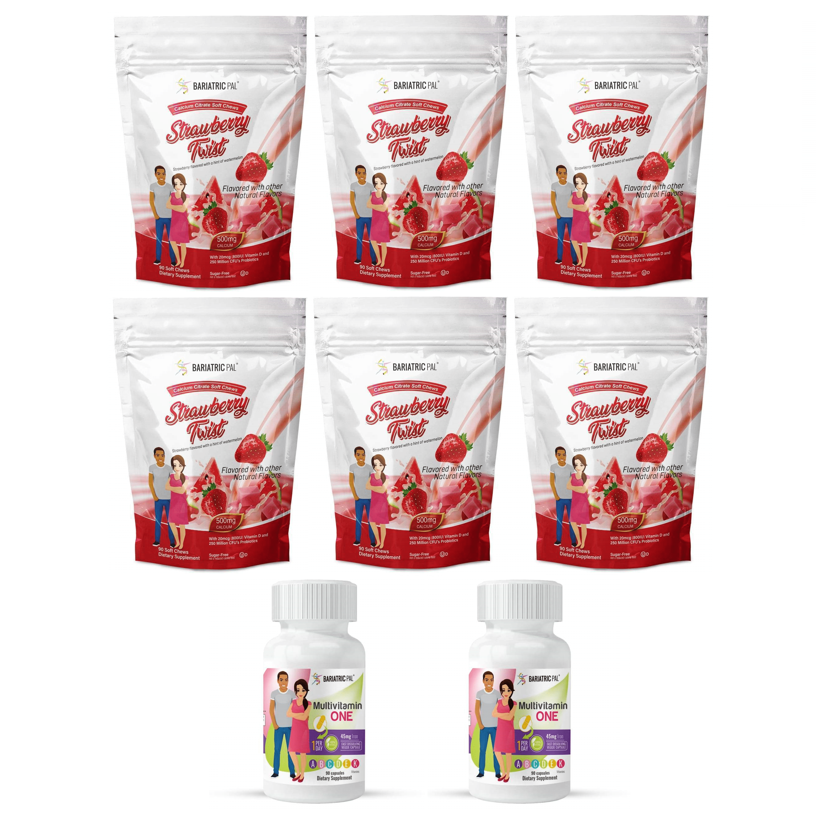Gastric Sleeve Complete Vitamin Pack - Capsules Size: 6-Month Supply, BariatricPal Multivitamin ONE: Capsule with 45mg Iron, BariatricPal Calcium Citrate Soft Chews: Strawberry Twist