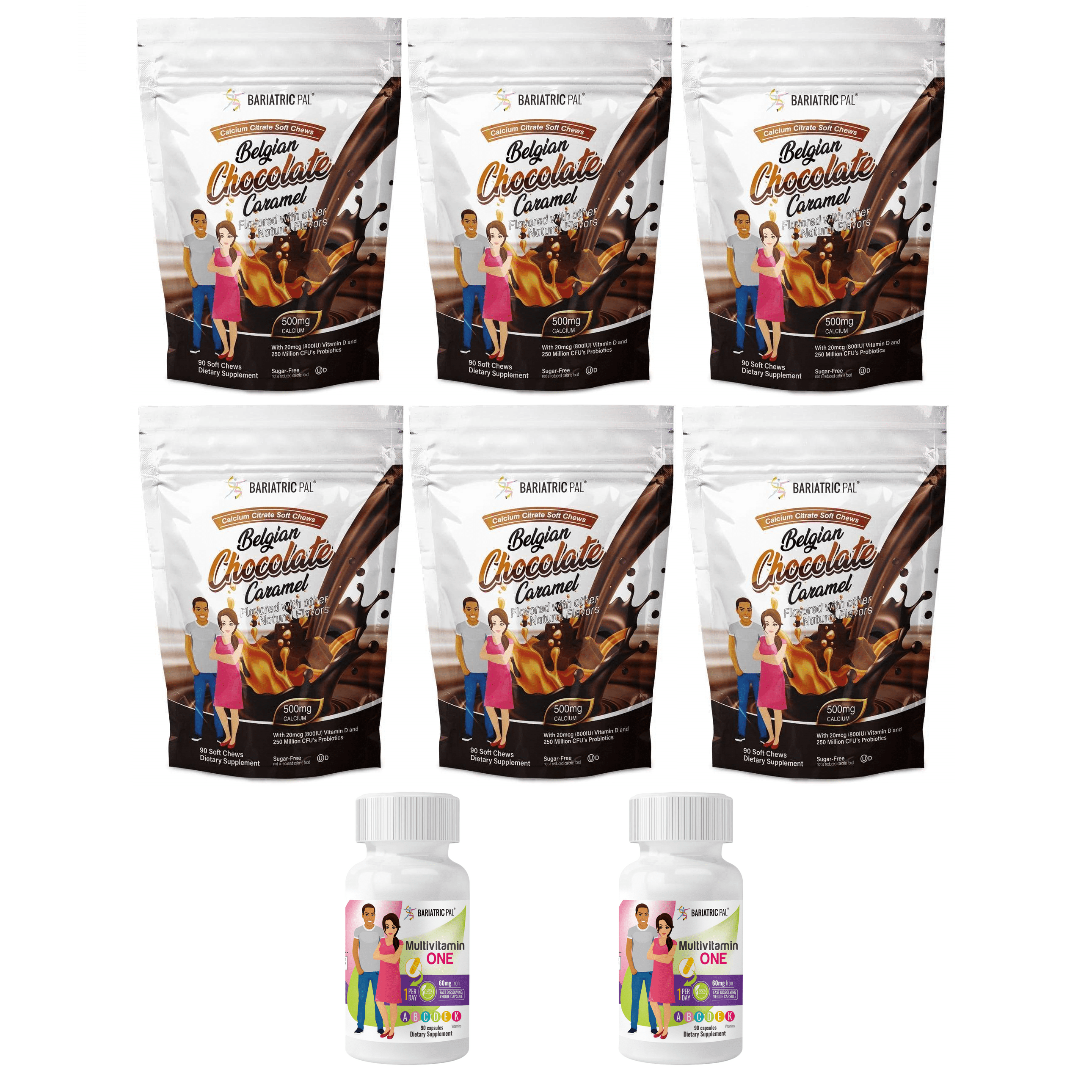 Gastric Sleeve Complete Vitamin Pack - Capsules Size: 6-Month Supply, BariatricPal Multivitamin ONE: Capsule with 60mg Iron, BariatricPal Calcium Citrate Soft Chews: Belgian Chocolate Caramel