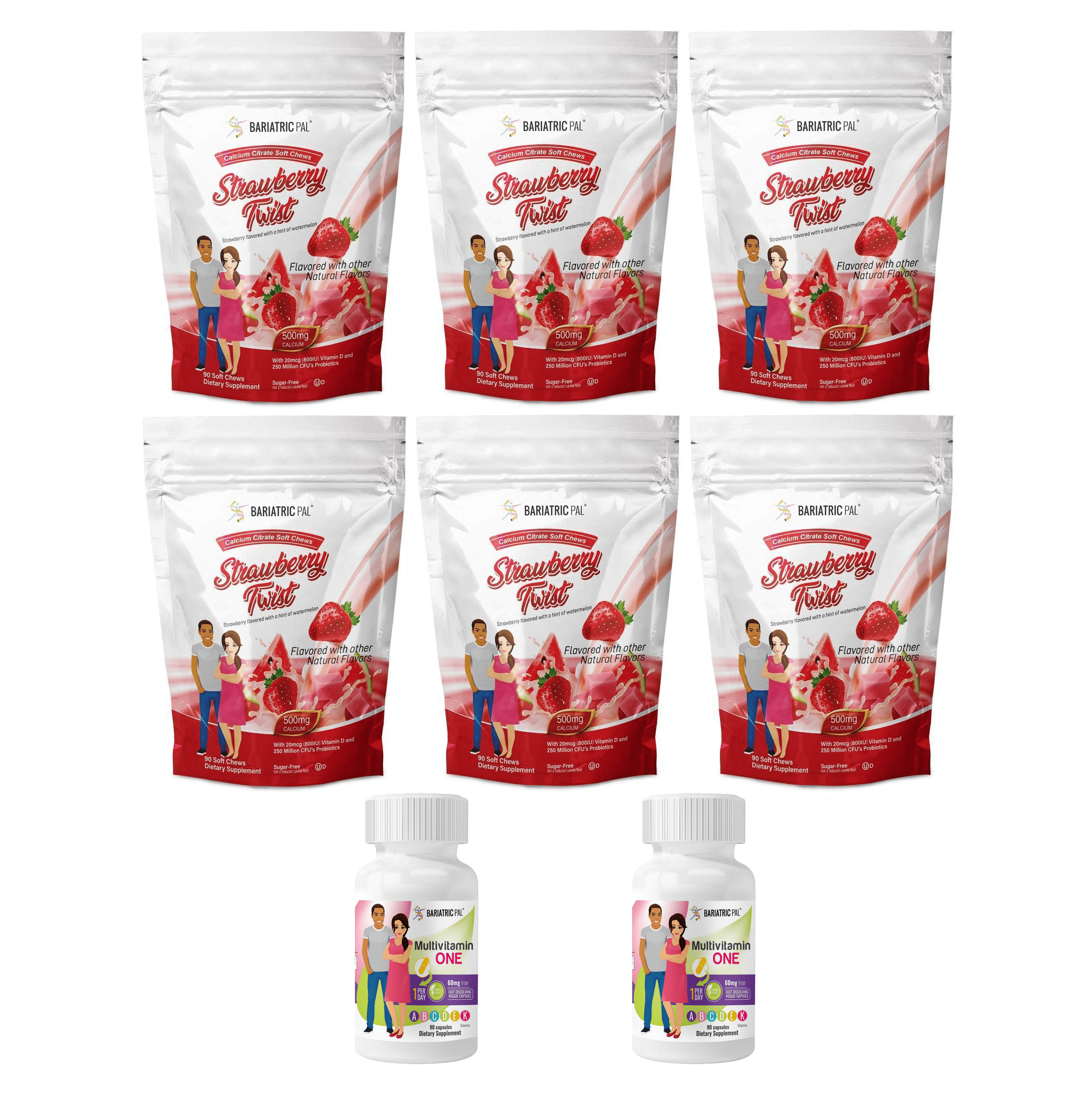 Gastric Sleeve Complete Vitamin Pack - Capsules Size: 6-Month Supply, BariatricPal Multivitamin ONE: Capsule with 60mg Iron, BariatricPal Calcium Citrate Soft Chews: Strawberry Twist