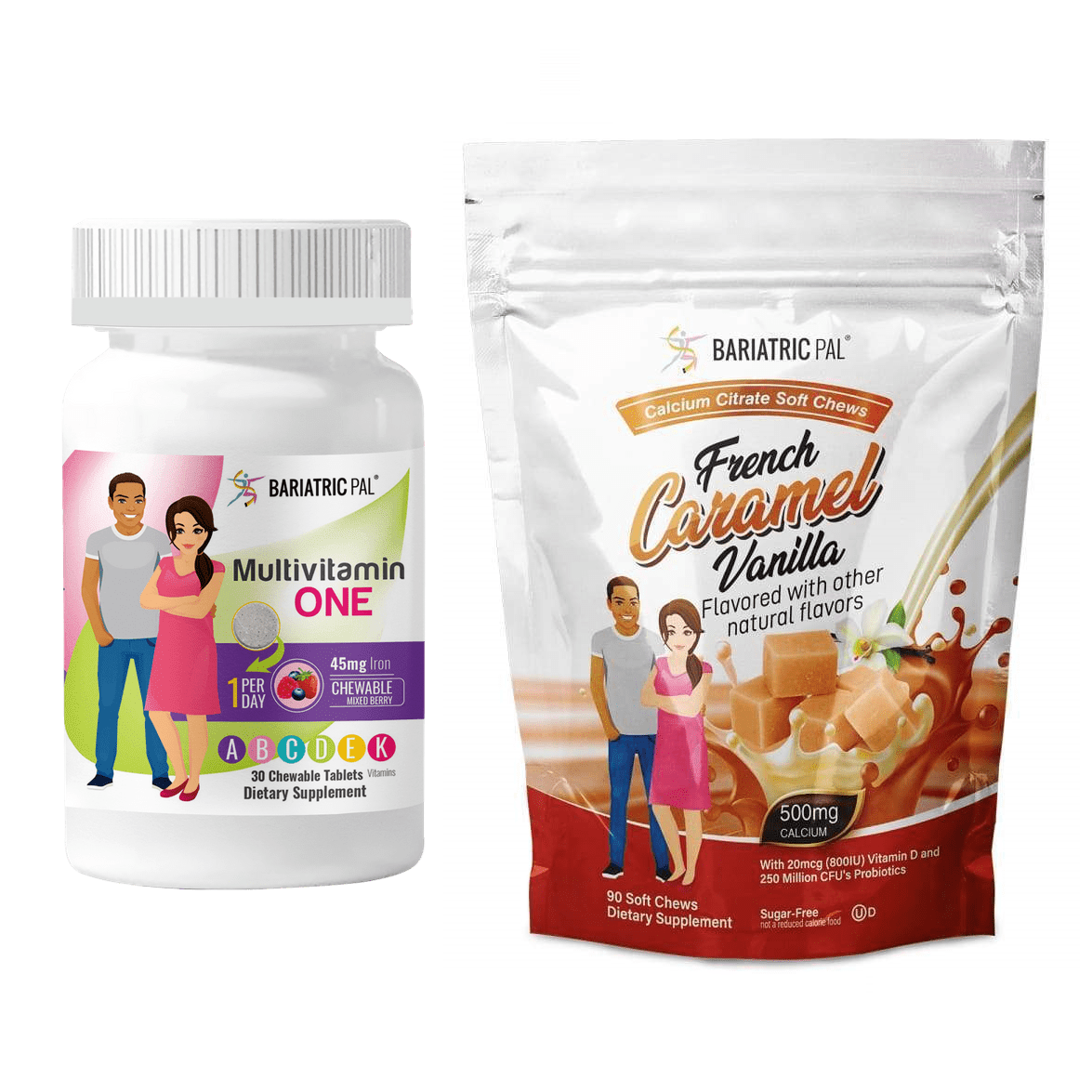 Gastric Sleeve Complete Vitamin Pack - Chewables Size: 1-Month Supply, BariatricPal Multivitamin ONE: Mixed Berry Chewable with 45mg Iron, BariatricPal Calcium Citrate Chews: French Vanilla Caramel
