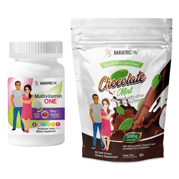 Gastric Sleeve Complete Vitamin Pack - Chewables Size: 1-Month Supply, BariatricPal Multivitamin ONE: Mixed Berry Chewable with 45mg Iron, BariatricPal Calcium Citrate Soft Chews: Chocolate Mint