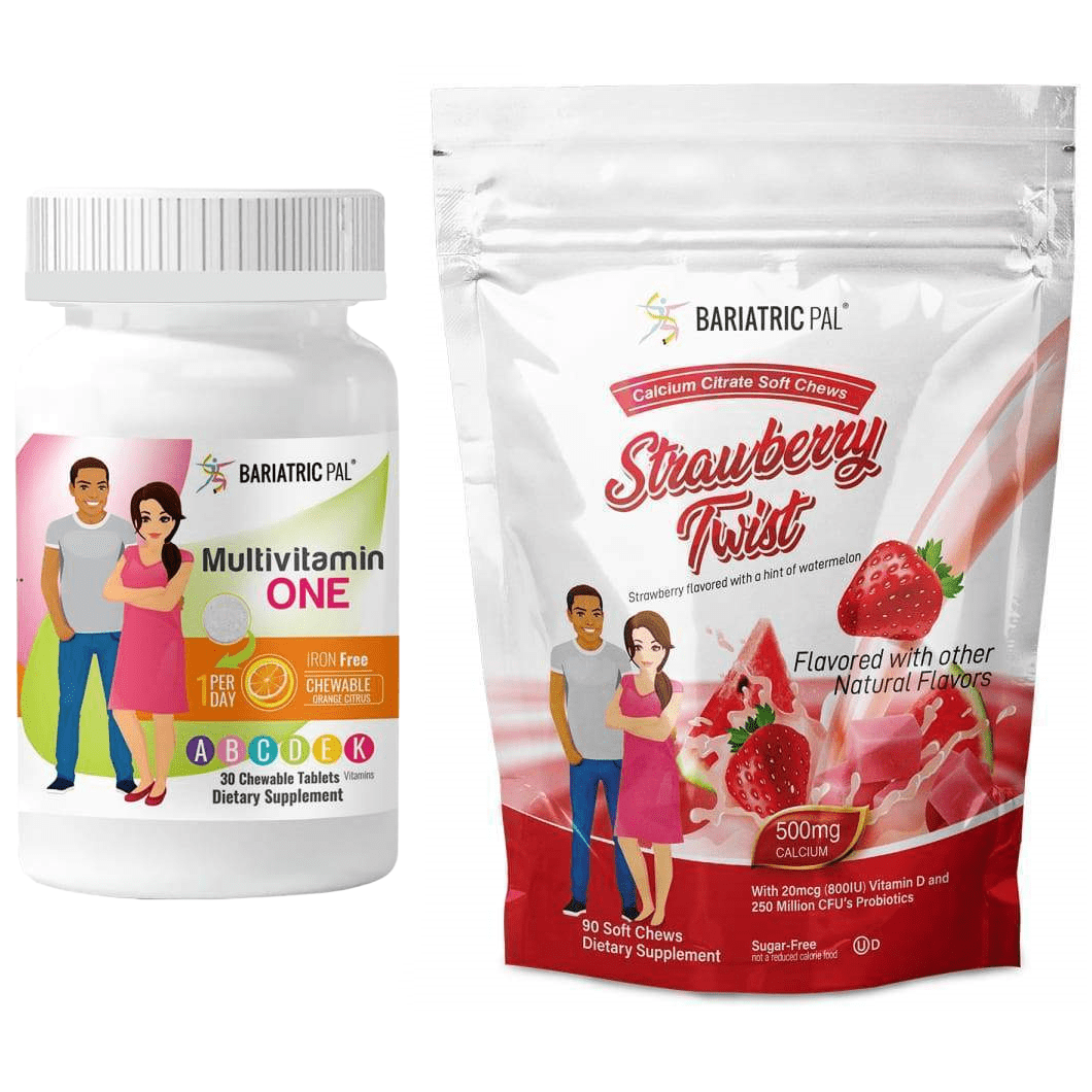 Gastric Sleeve Complete Vitamin Pack - Chewables Size: 1-Month Supply, BariatricPal Multivitamin ONE: Orange Citrus Chewable - Iron Free, BariatricPal Calcium Citrate Soft Chews: Strawberry Twist