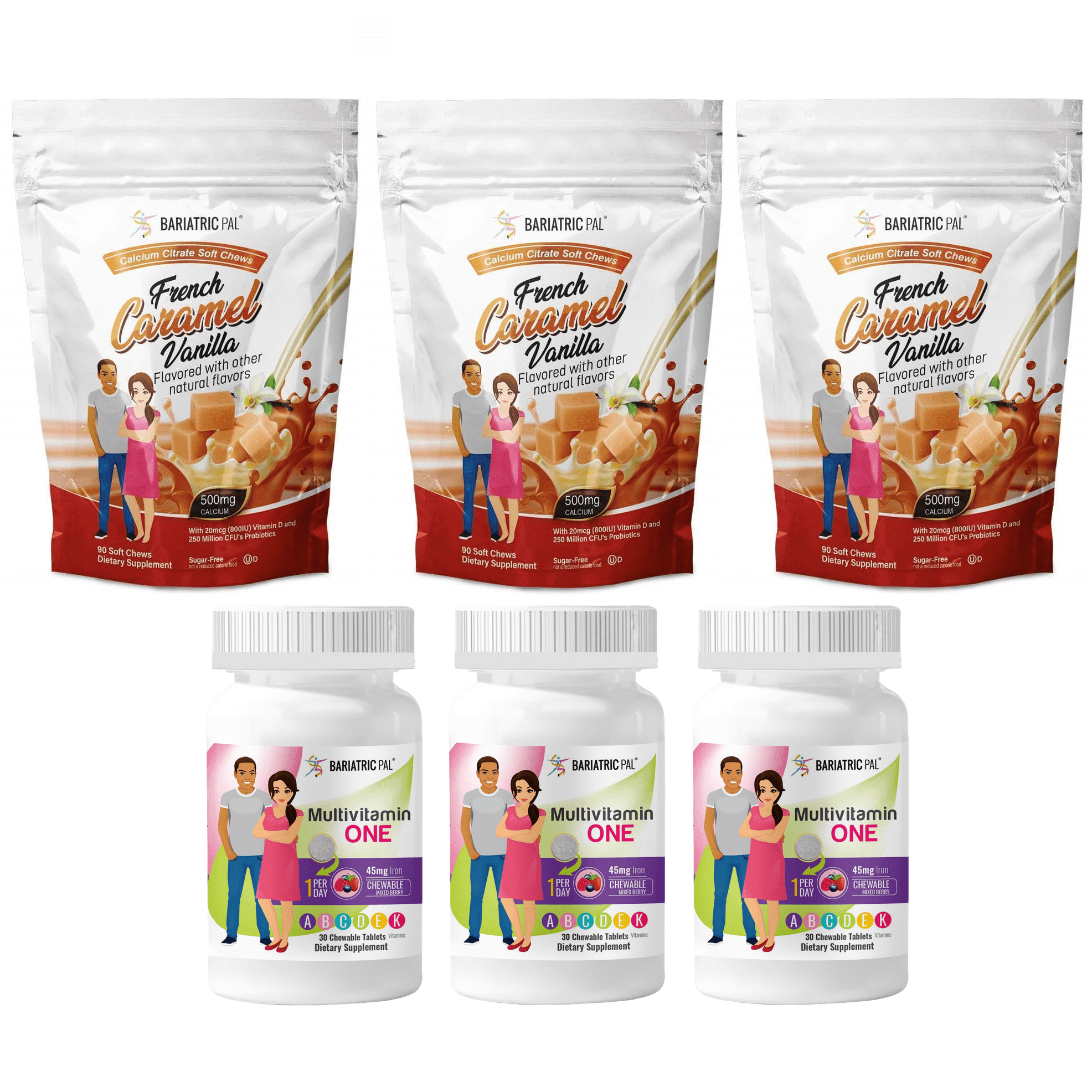 Gastric Sleeve Complete Vitamin Pack - Chewables Size: 3-Month Supply, BariatricPal Multivitamin ONE: Mixed Berry Chewable with 45mg Iron, BariatricPal Calcium Citrate Chews: French Vanilla Caramel